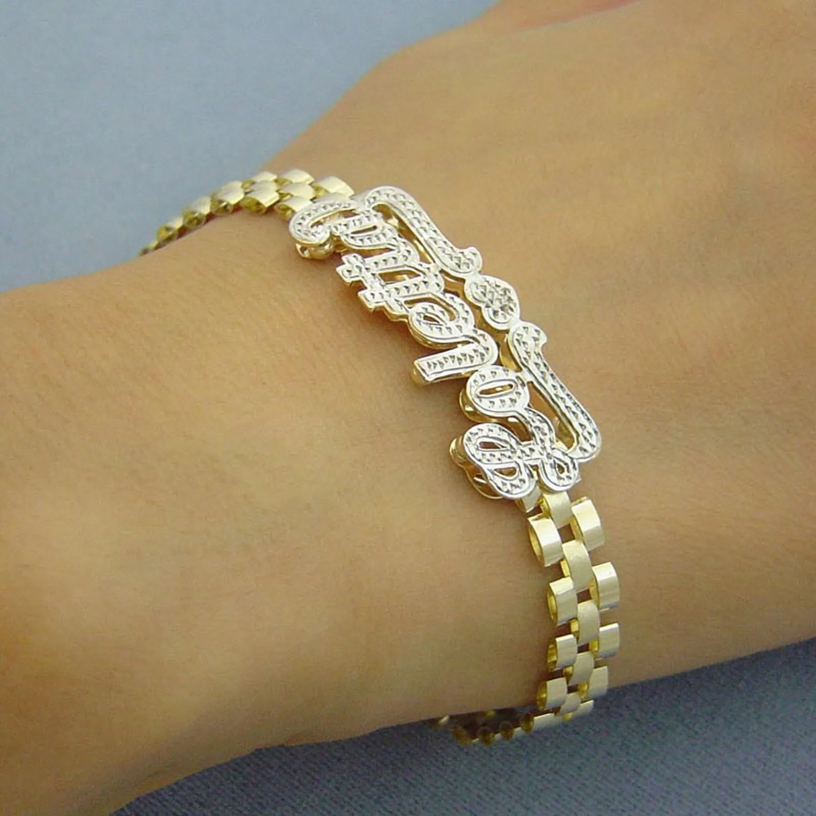 18K Gold Personalized Name 6 mm Watch Band Style Bracelet Anklet Diamond Accent 3D Double Plates Customized Jewelry