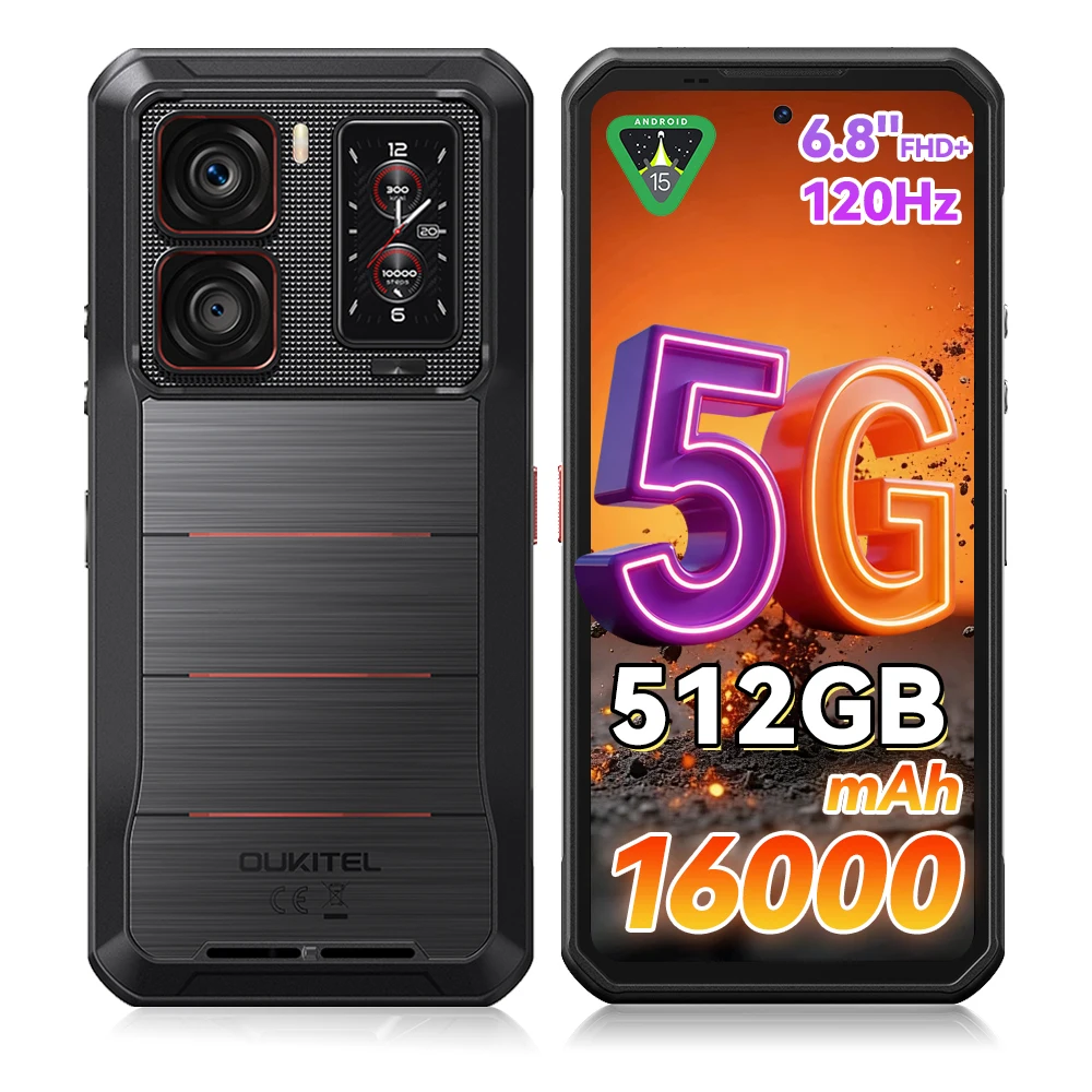 OUKITEL WP300 5G 36(12+24)GB+512GB Android 15 6.8" FHD+ Smartphone 120Hz 108MP 16000mAh 45W Lampe de camping Téléphones intelligents