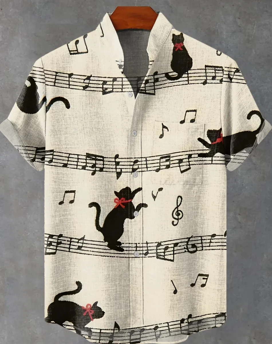 뉴 하와이 남성 여름 캐주얼 리넨 빈티지 셔츠 음악 프린트 반소매 버튼 탑 루즈 대형 반소매 셔츠 Fas