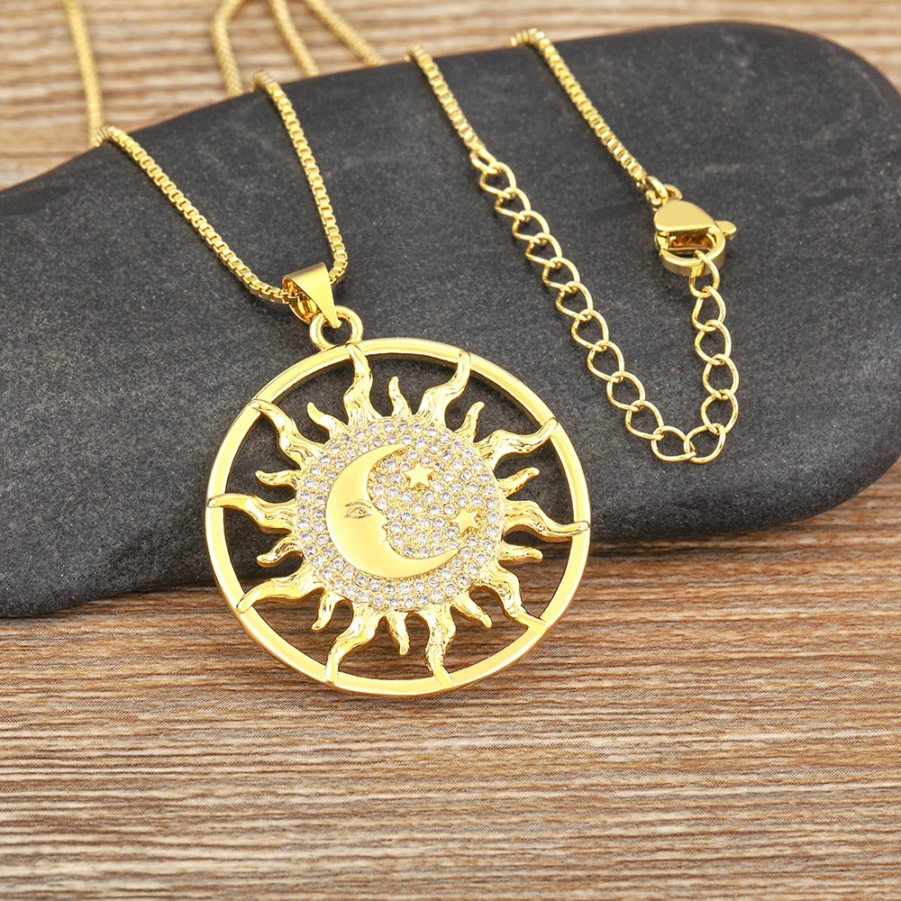 

Nidin New Trendy Sun Moon Stars Shape Sparkling Zircon Charm Pendant Necklace For Women Fashion Cute Copper Neck Accessories
