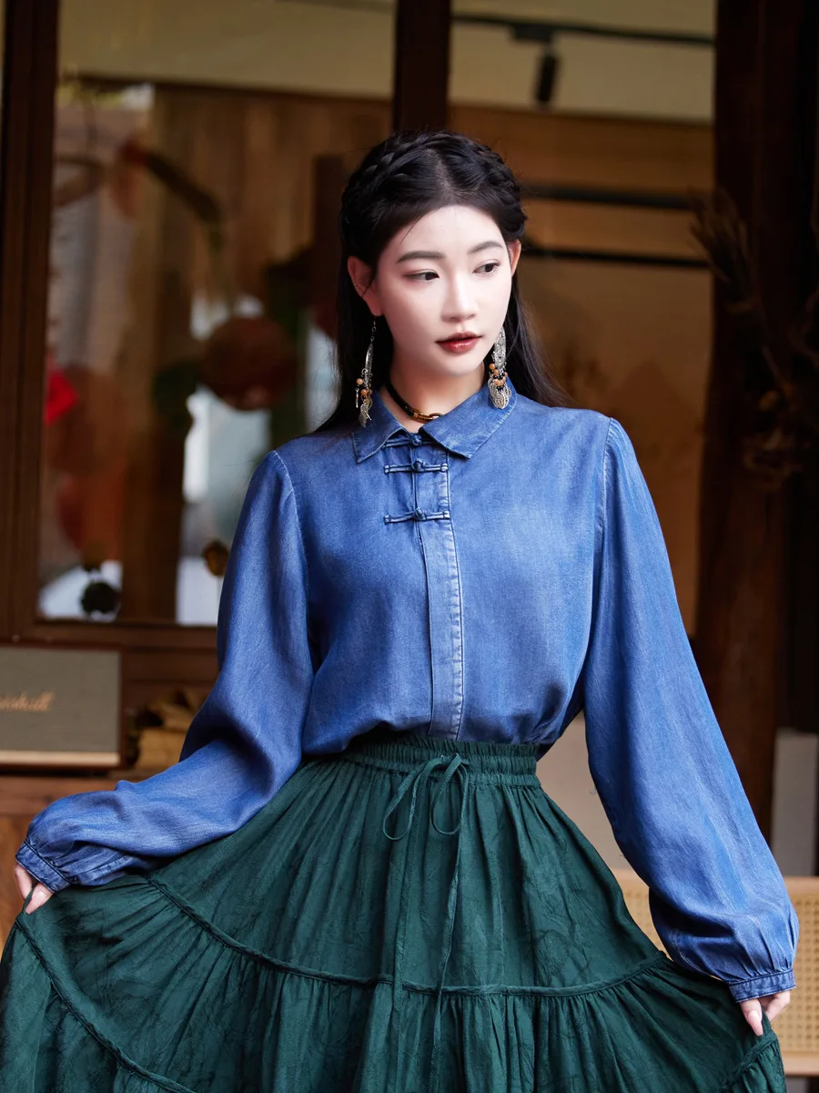 

TIYIHAILEY Free Shipping 2024 New Fashion Cotton Denim Shirts Women Full Lantern Sleeve Blouses Topsd Vintage Single Breasted