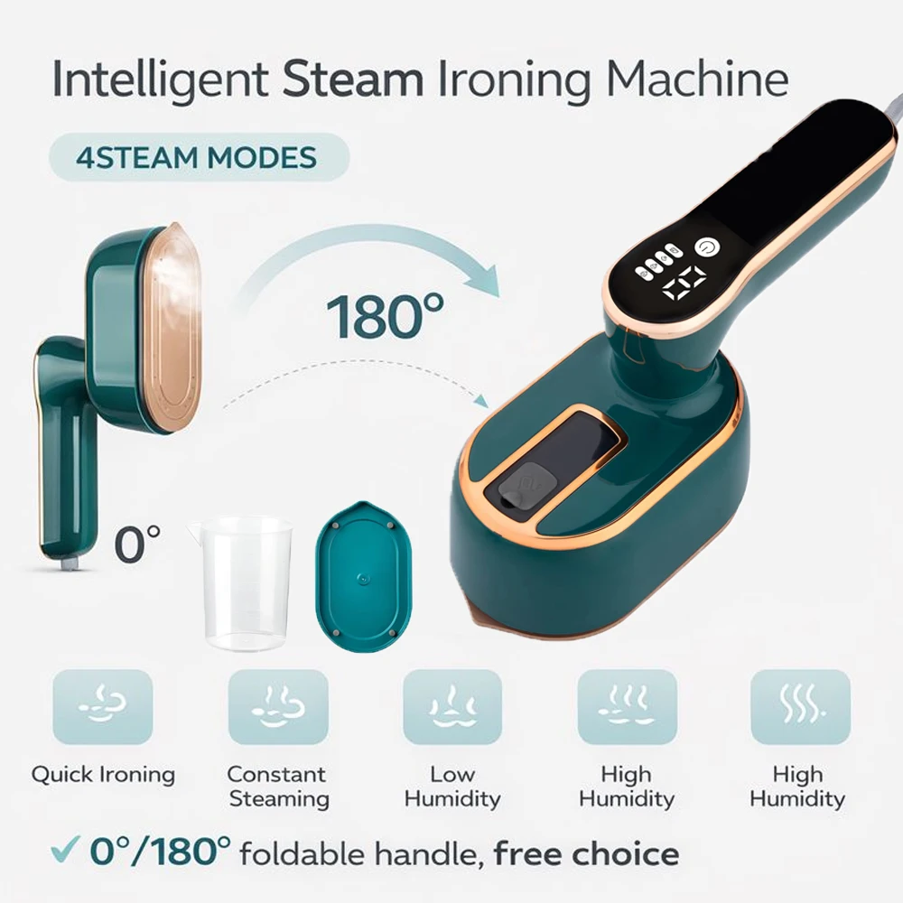 

Portable Smart Steam Iron – LCD Handheld Iron With 180° Rotatable Handle & Steam Brush For Home & Travel Garment Care