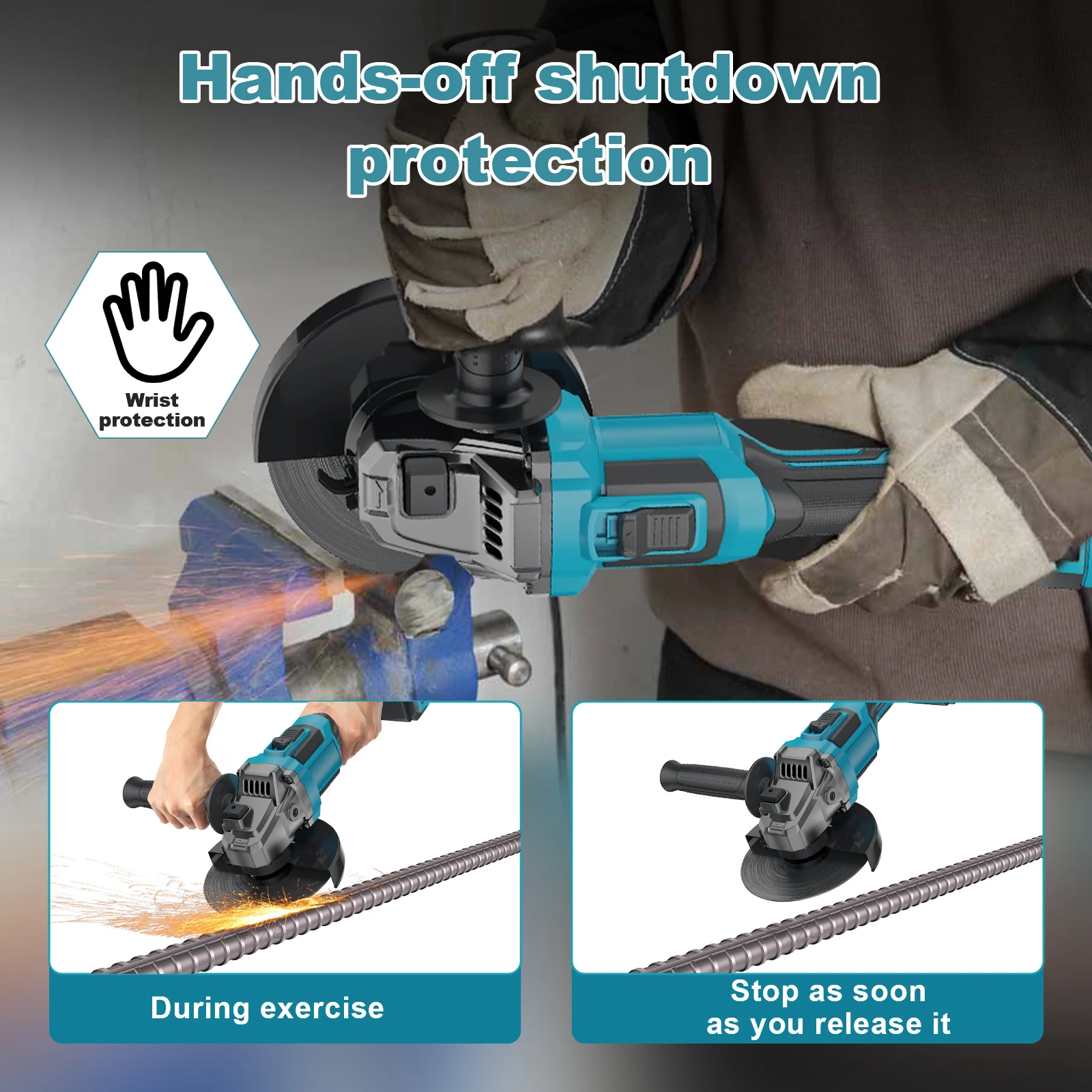 Amoladora angular sin escobillas de 21 V, con 6 velocidades ajustables, protección contra retroceso, protección para evitar golpes accidentales, modo de ahorro de energía y motor de alta potencia 5035.