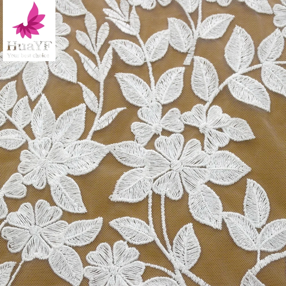 1 Yard Popular Design French White Leaf Embroidery Bridal Wedding Mesh Lace Dress Fabric HY1590-2