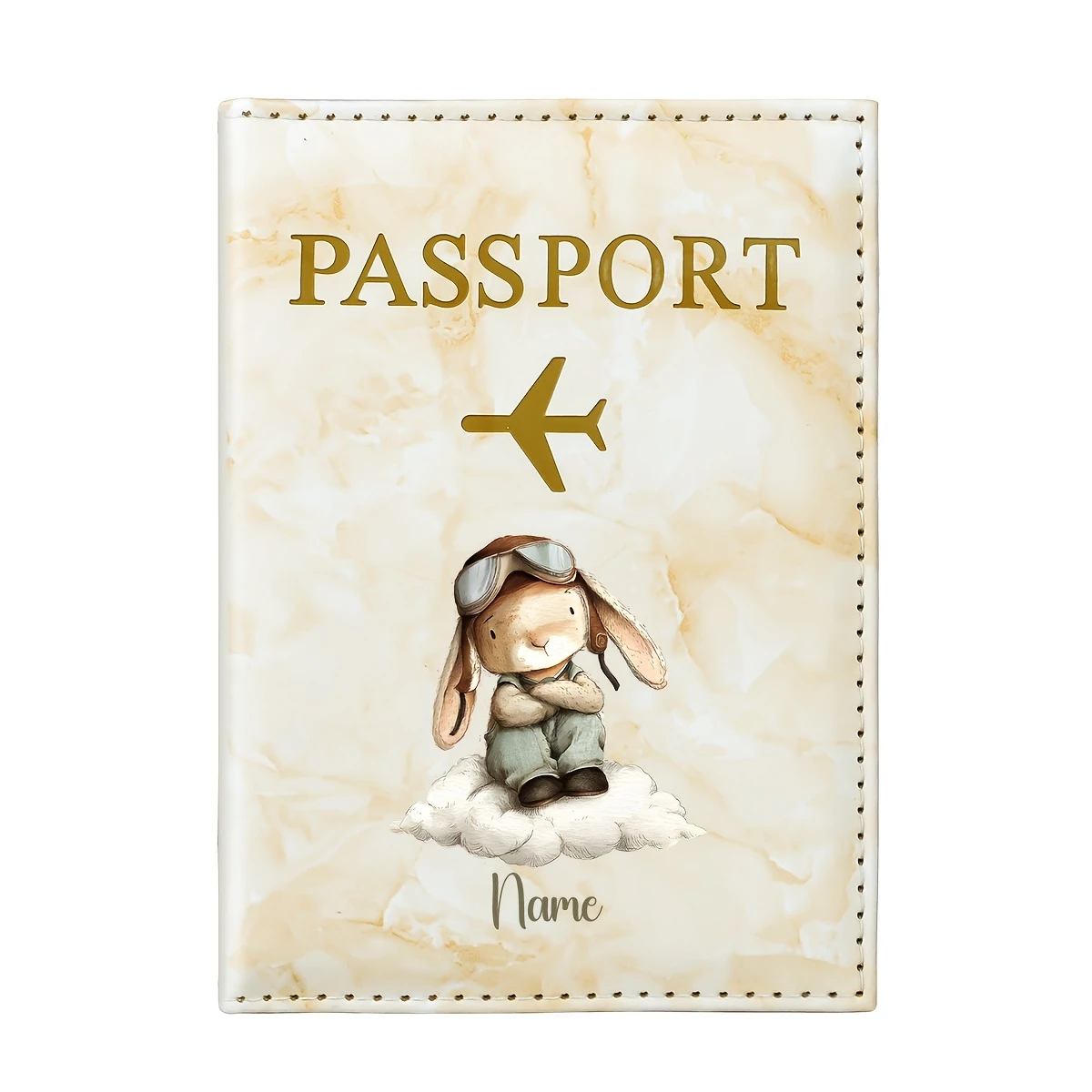 Personalized Name Custom Cute Rabbit Pilot Illustration Design PU Passport Holder, Featuring a Cartoon Rabbit Wearing a Flight