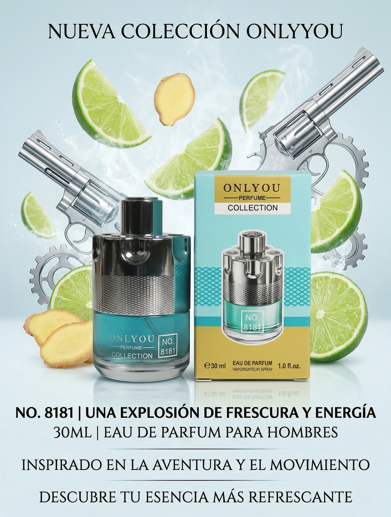 Perfume Hombre Only You 8181 Fragancia Fresca De Limón Y Jengibre 30ml Loción Masculina Deportiva Forma De Revólver Esencia Para Oficina Y Gimnasio Fragancia De Caballero Cítrica Y Duradera Con Notas De Pachulí