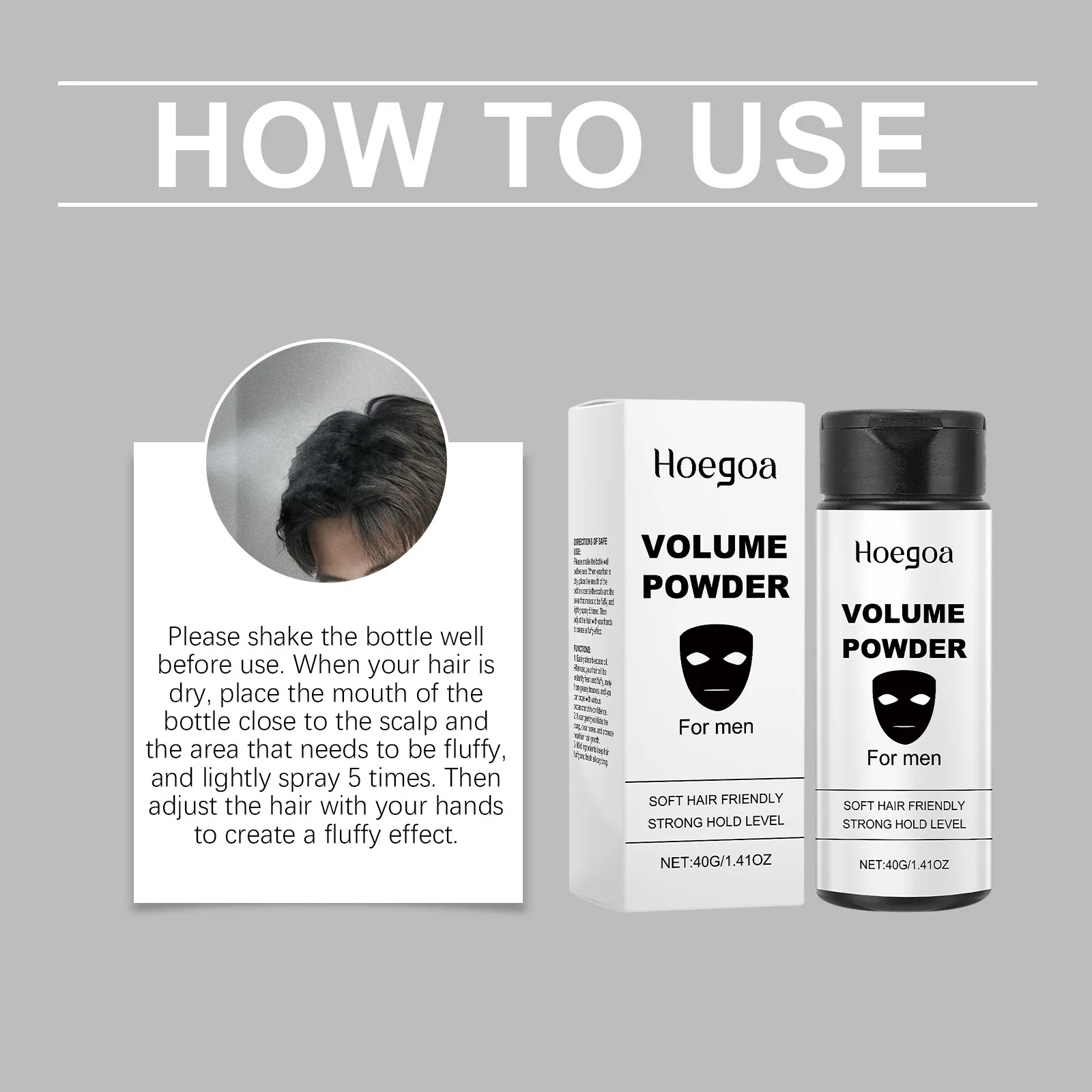 Hoegoa Men Hair Volume Powder Delikatna formuła Niepodrażniająca Odświeżająca Trwała Kontrola oleju Nawilżająca puder do włosów