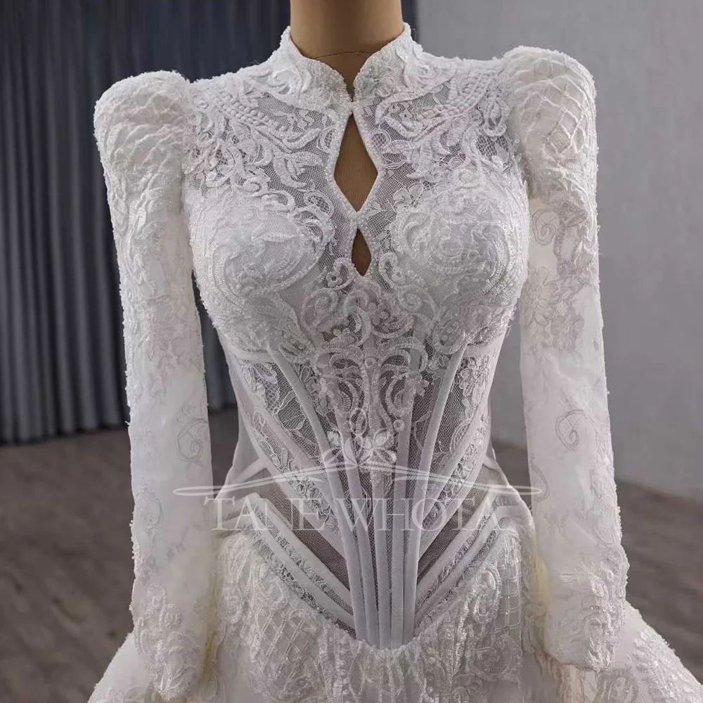 Lace Bridal Dresses Long Sleeves High Neck Button Back Wedding Dress Customized For Brides
