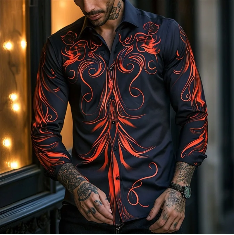 

Men's Totem Printed Long Sleeve Shirt, Subcultural Vacation Party, Street Fashion Top, Spring/Summer Collar Button Up Shirt