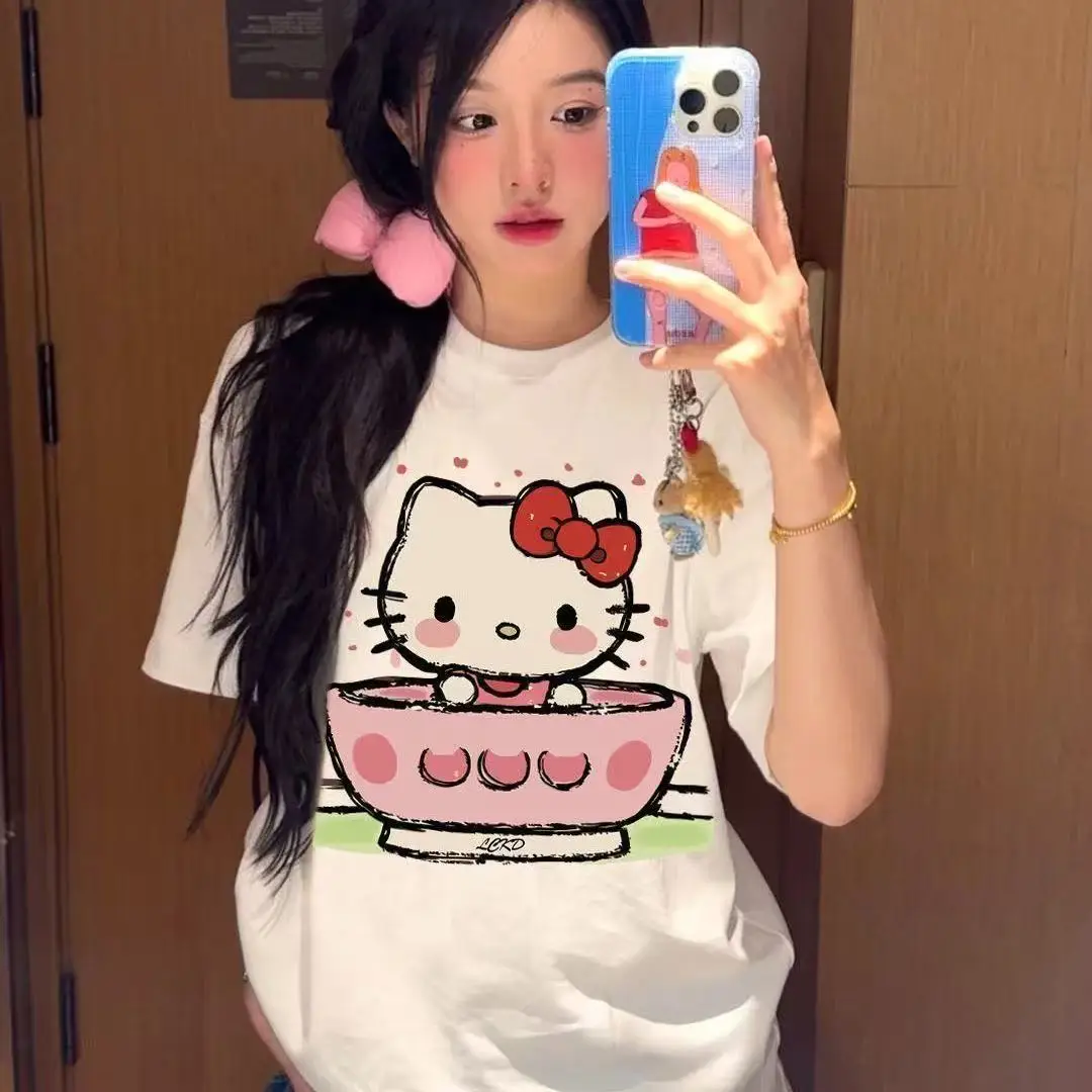

Sanrio Hello Kitty women's T-shirt tops Short Sleeve Soft Cotton Unisex Summer Outdoor Casual Wear Cute Cartoon Round Neck Style
