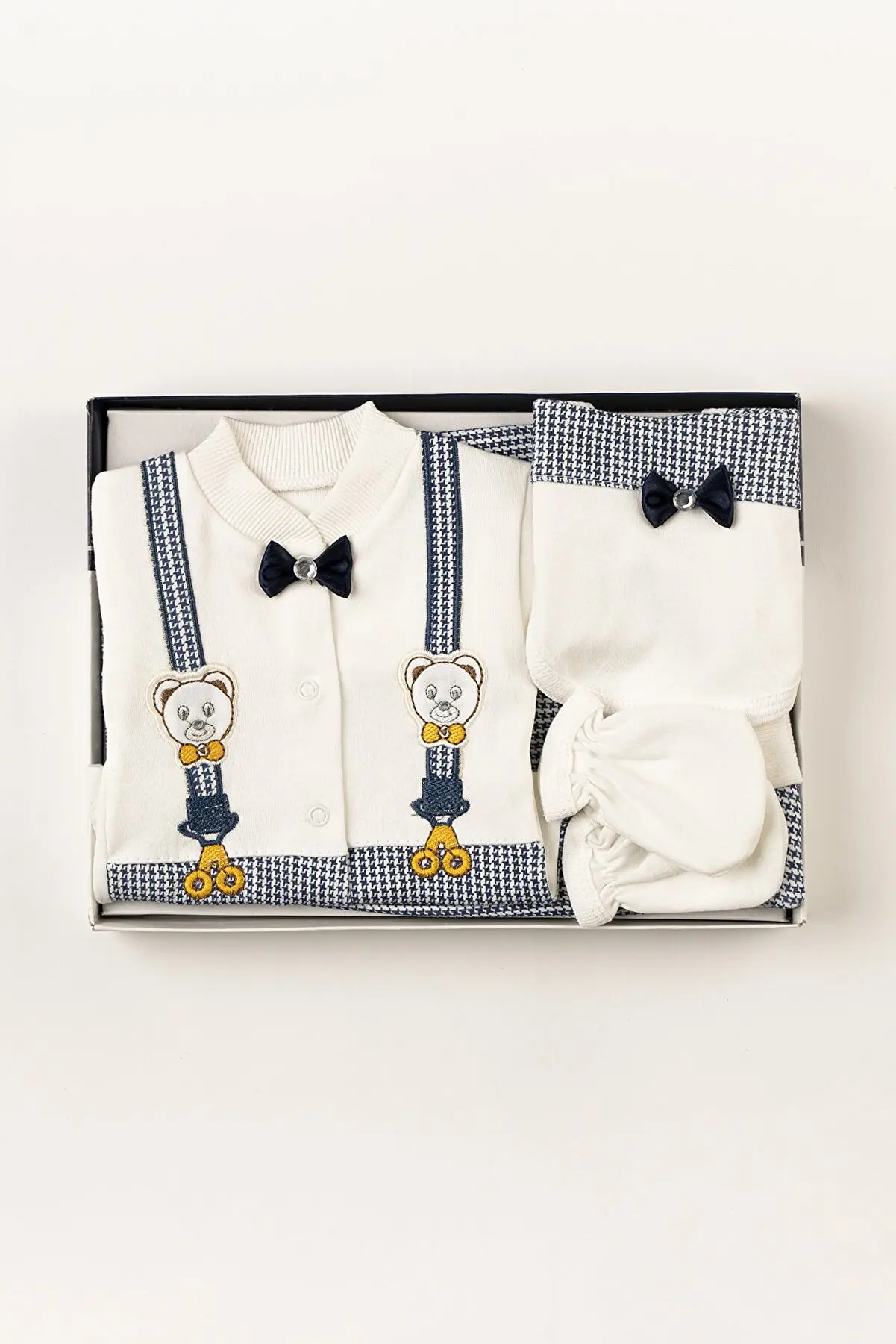 Baby 0-3 Months Newborn Set With Bow Tie Navy Blue 5 Pieces Outlet Baby Underwear Set Cotton Bib Gloves