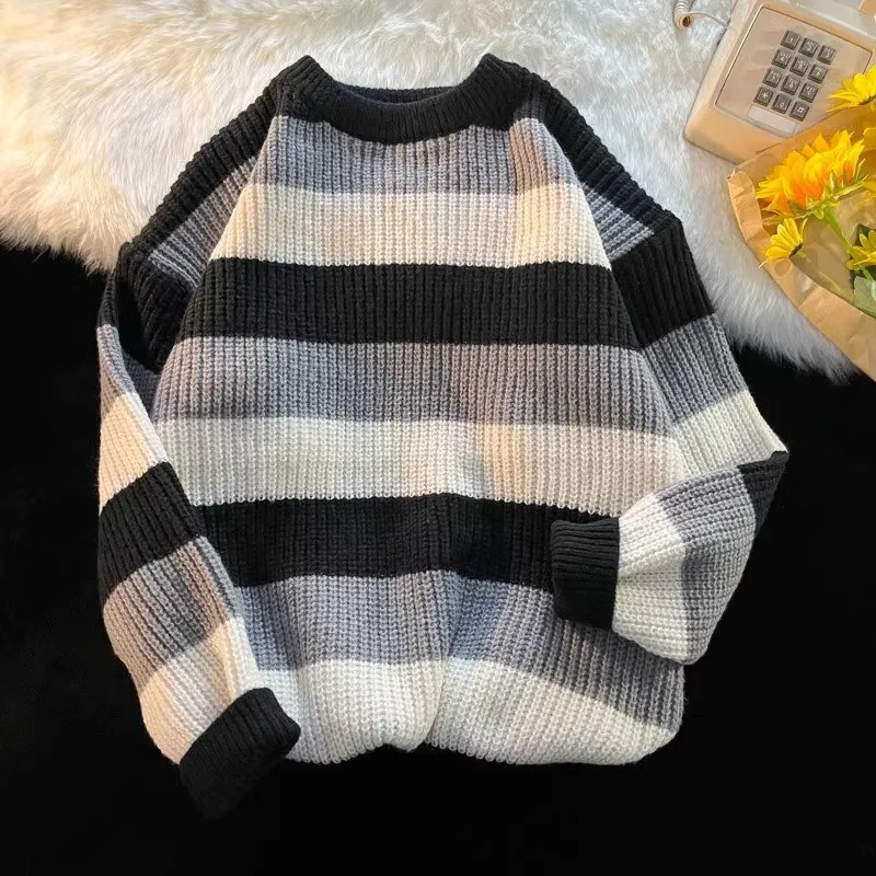 Patchwork Stripe Sweater Male Knit Autumn Korean Style Couple Loose Round Neck Sweater Knitwear 2024 New Men's Clothing Jumper