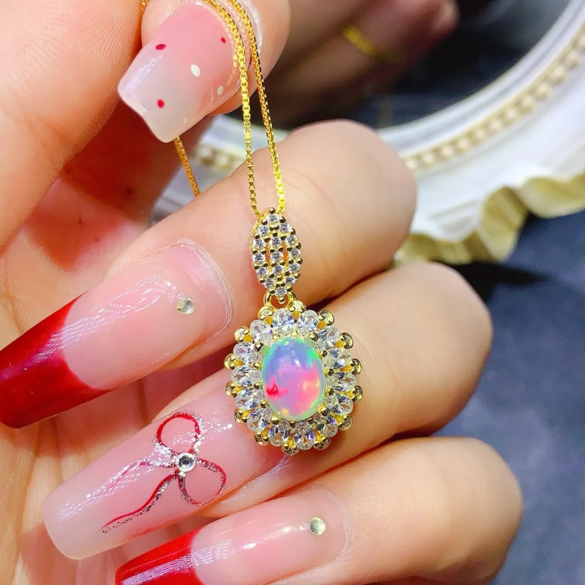 KJJEAXCMY Girls' 6x8mm Natural Opal Necklace Pendant Ring Set 925 Pure Silver Plated 18K Gold Clearance Sale Gift for Girlfriend