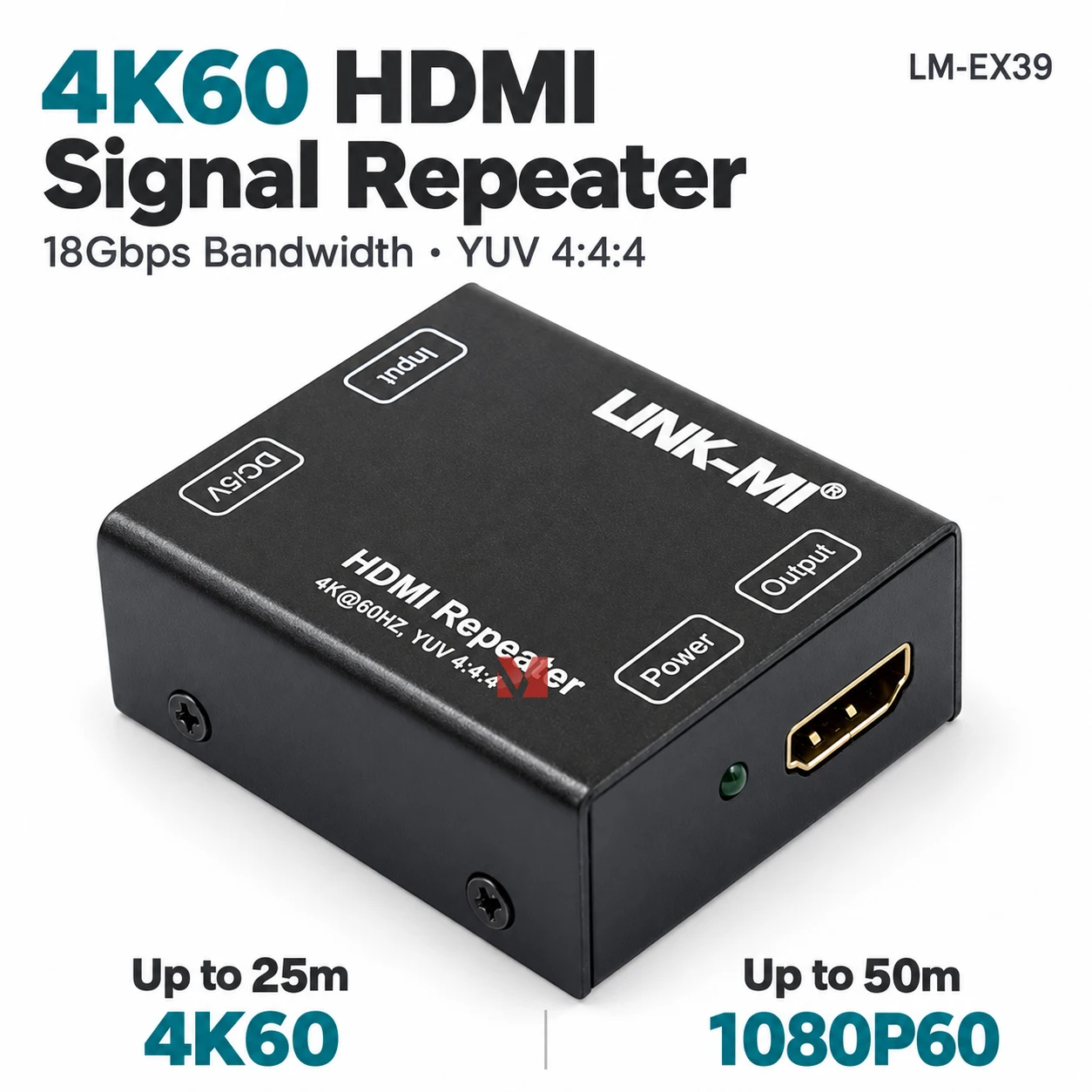 HDMI 2.0 Repeater 4K60Hz YUV4:4:4 HDMI Signal Booster 18Gbps HDCP2.2 HDMI Extender 3D CEC Pass Through