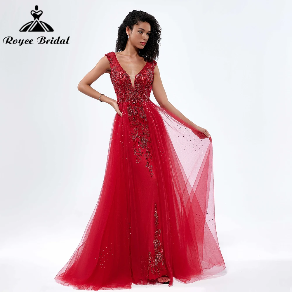 Roycebridal Red V Neck Off the Shoulder Beading A Line Evening Prom Dress For Women vestido para mujer elegantes y bonitos