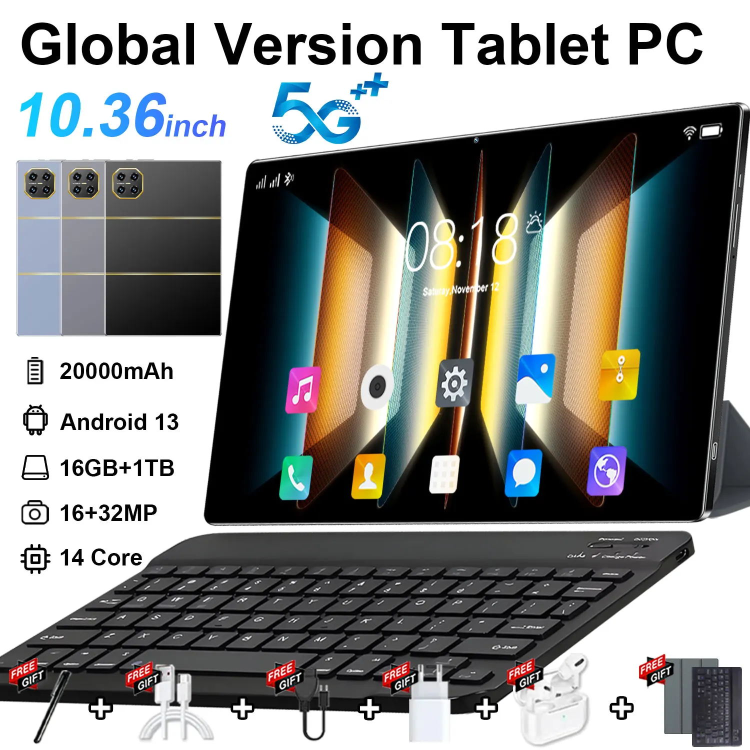 Nouvelle tablette 5G 10,36 pouces 2026, 16 Go + 1 To, Android 13.0, 14 cœurs, 20000 mAh, Bluetooth, Wi-Fi, Office, GPS, HD, avec clavier