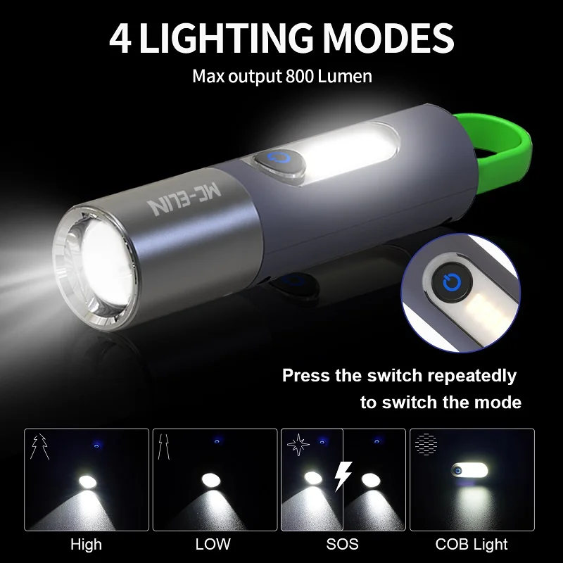 ไฟฉาย LED พลังสูงโคมไฟชาร์จได้แบบพกพา USB โคมไฟพลาสติกสำหรับค่ายพักแรมซูมขนาดเล็กกันน้ำพร้อมไฟด้านข้าง