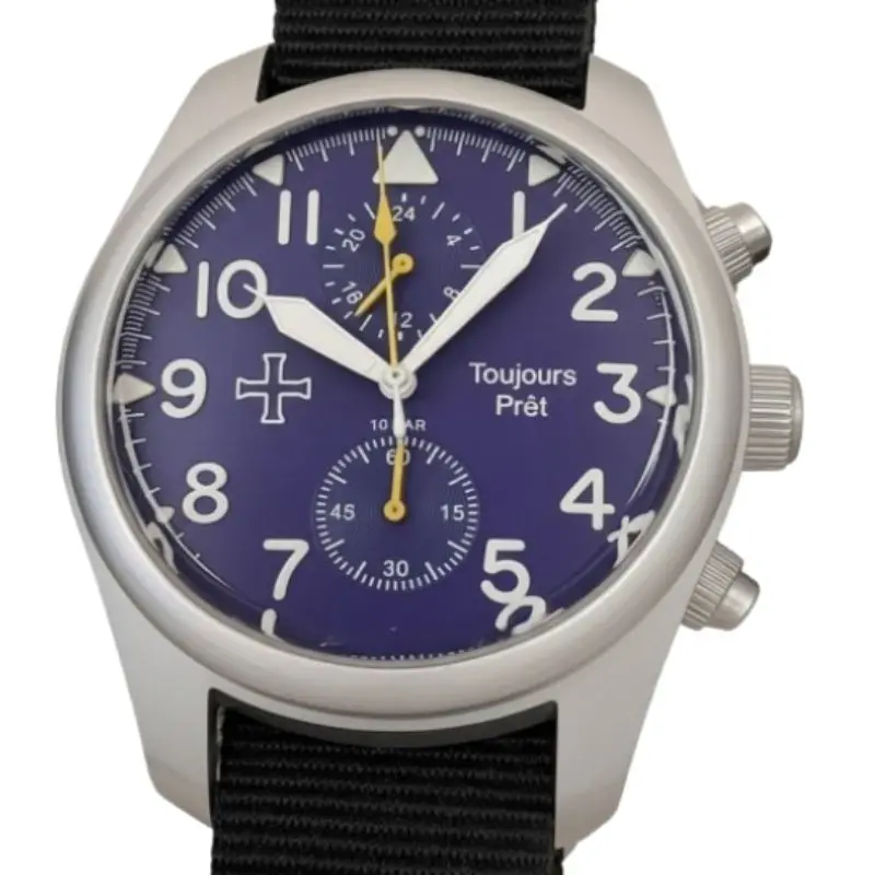 Toujours Pret Dual Time GMT Quartz Military Field Watch - Blasted Stainless Steel - Domed Crystal