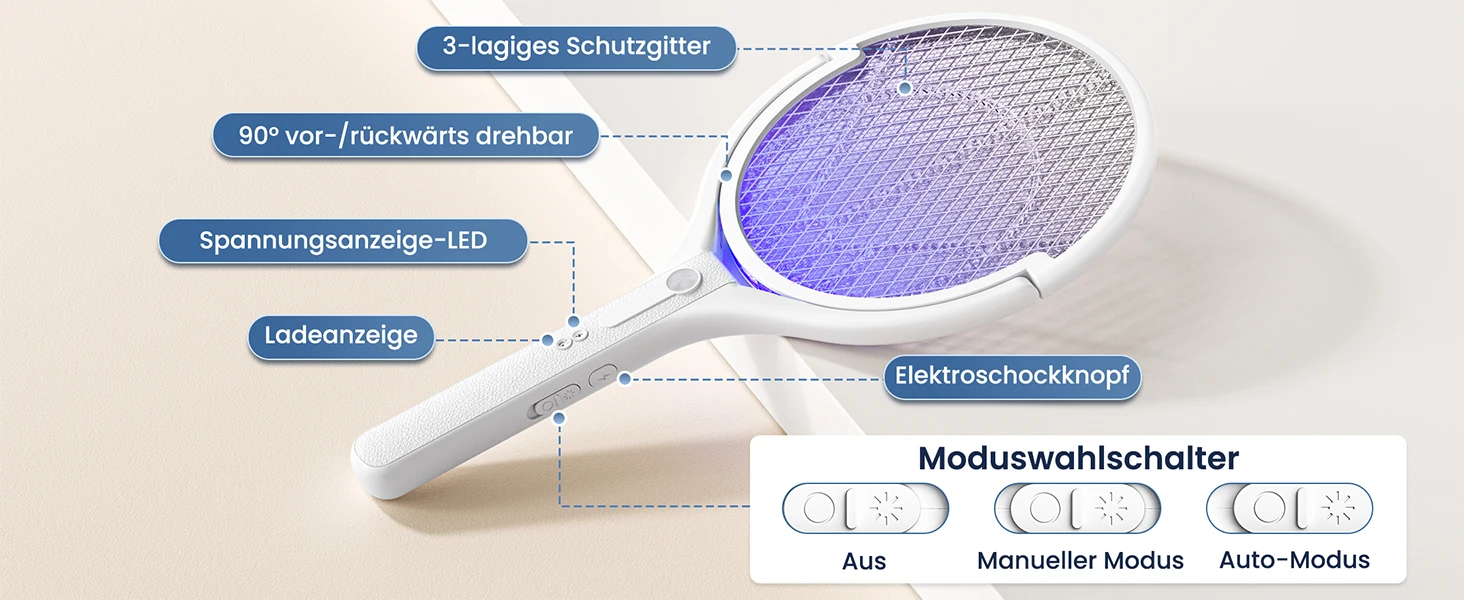 Fomyheard 4-in-1 Elektrische Mückenlampe: Faltbar und teleskopierbar (3000V), wiederaufladbarer Insektenvernichter mit UV-Lichtfalle, 1800mAh Akku, USB-C-Ladefunktion, für den Innen- und Außenbereich geeignet. – Detail 7