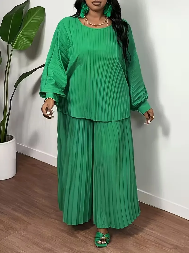 ชุดเซ็ตสองชิ้น เสื้อแขนยาวสีพื้นทรงหลวมสำหรับผู้หญิง กางเกงขายาวทรงกว้างจีบ