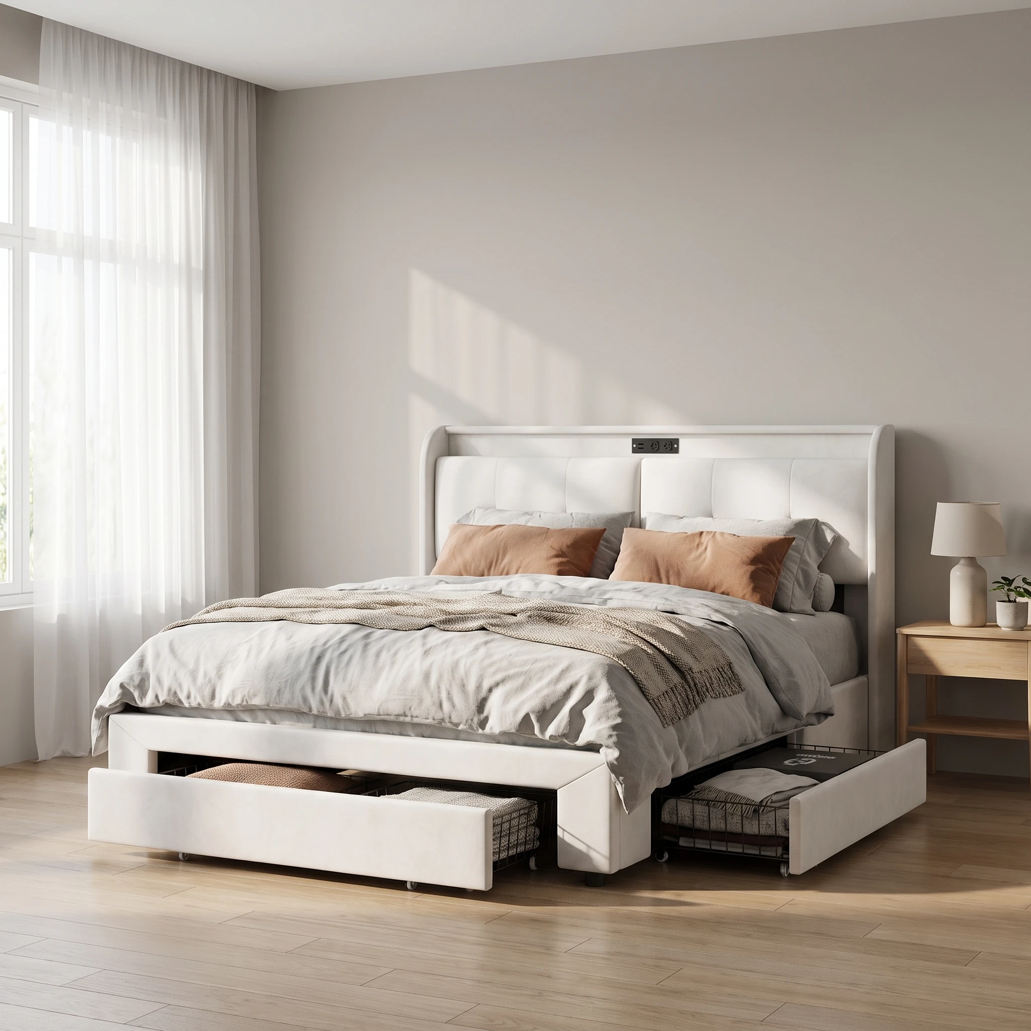 Bett mit Stauraum, Polsterbett Doppelbett , Gas‑Feder, Funktionsbett mit Schubladen, Stauraumbett, Holzbett, Bettkasten mit Kopfteil und Lattenrost