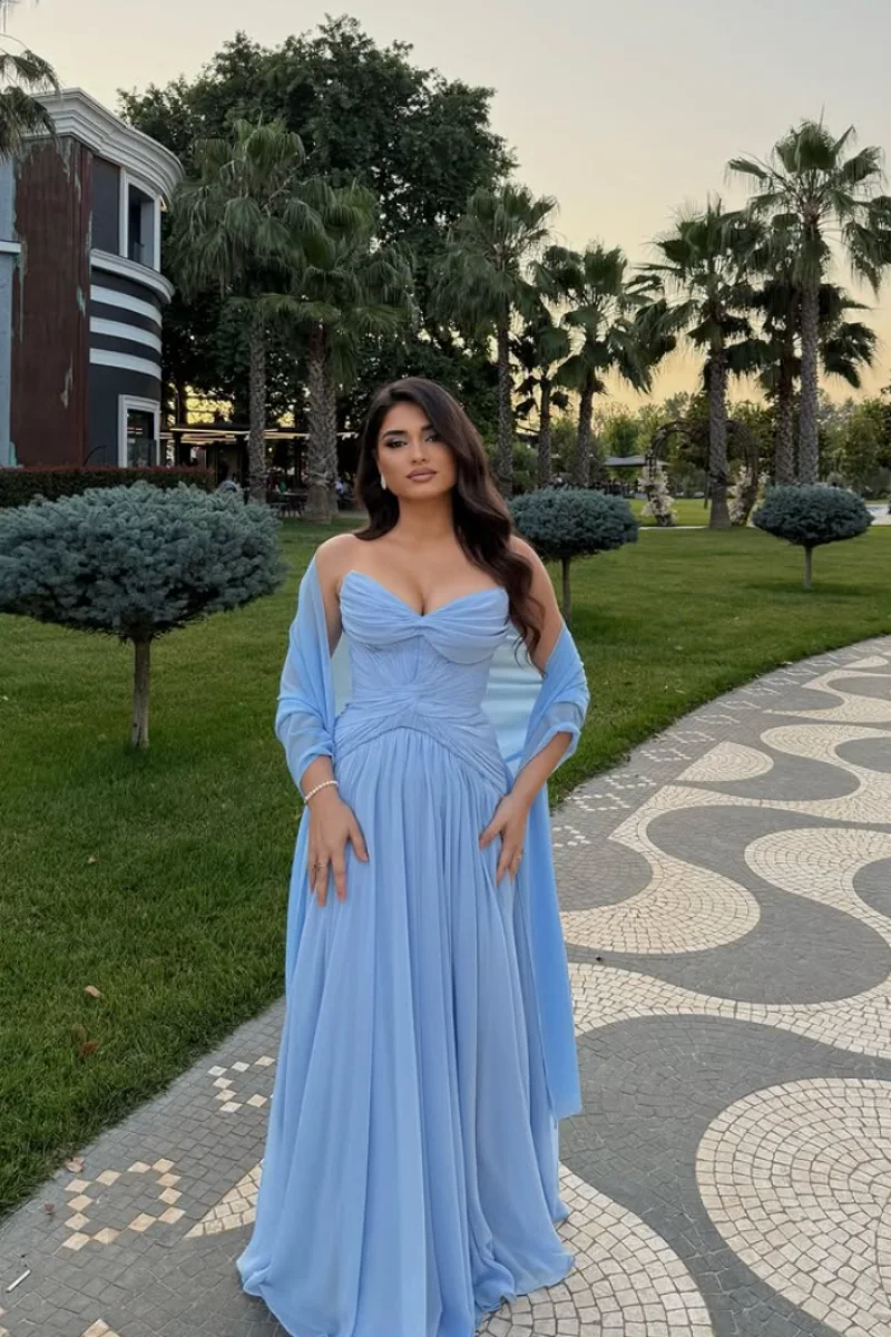 Annie Sky Blue فساتين حفلة موسيقية خارج على الكتف مطوي فساتين سهرة شيفون للمناسبات الخاصة فساتين حفلات الزفاف