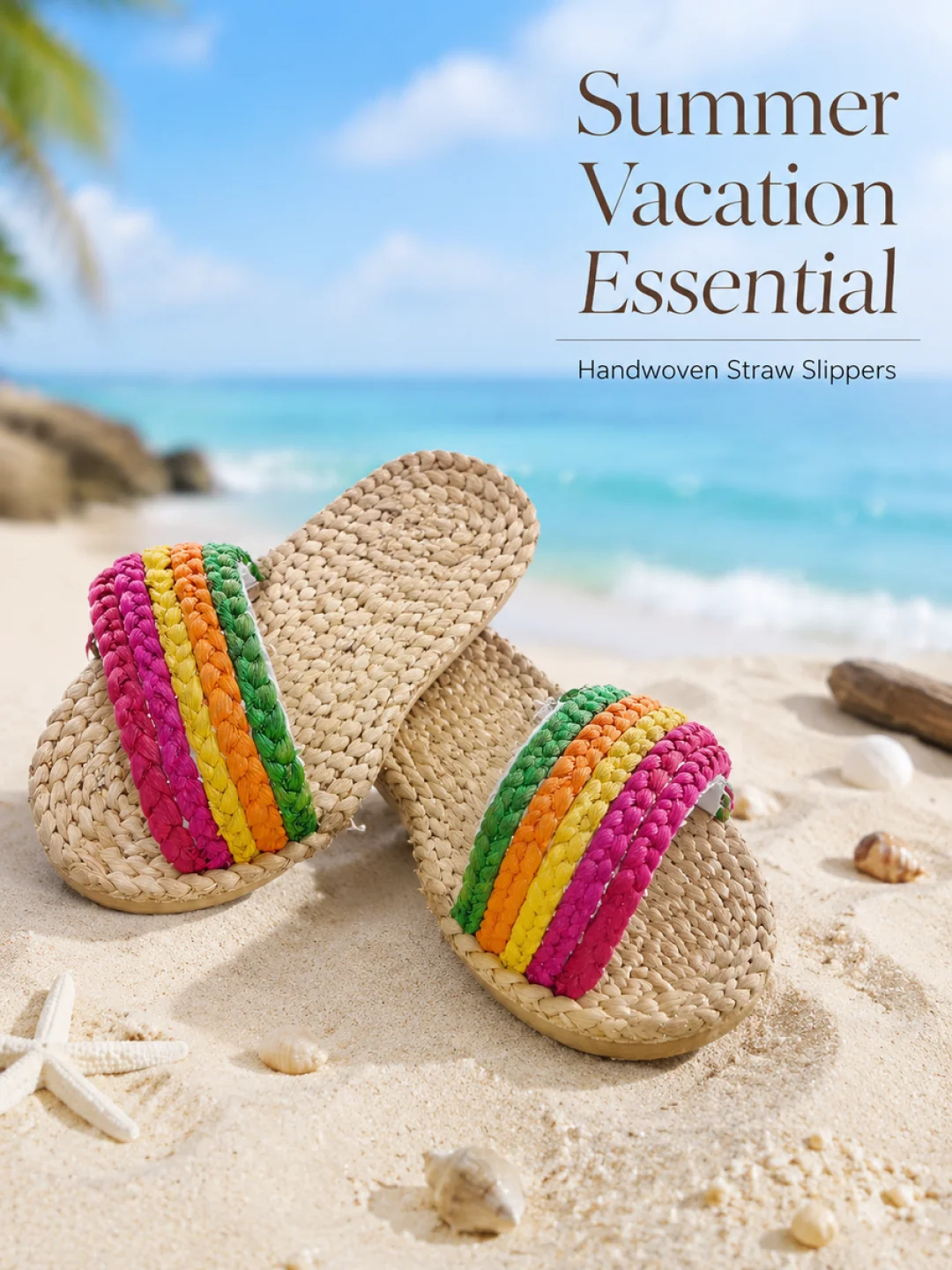 Hand-woven summer slides for beach & vacation, breathable sweat-wicking flat slippers withcolorful braided straps. Cool lightweight footwear ideal for summer trips, beach outings, holidays,home daily wear.