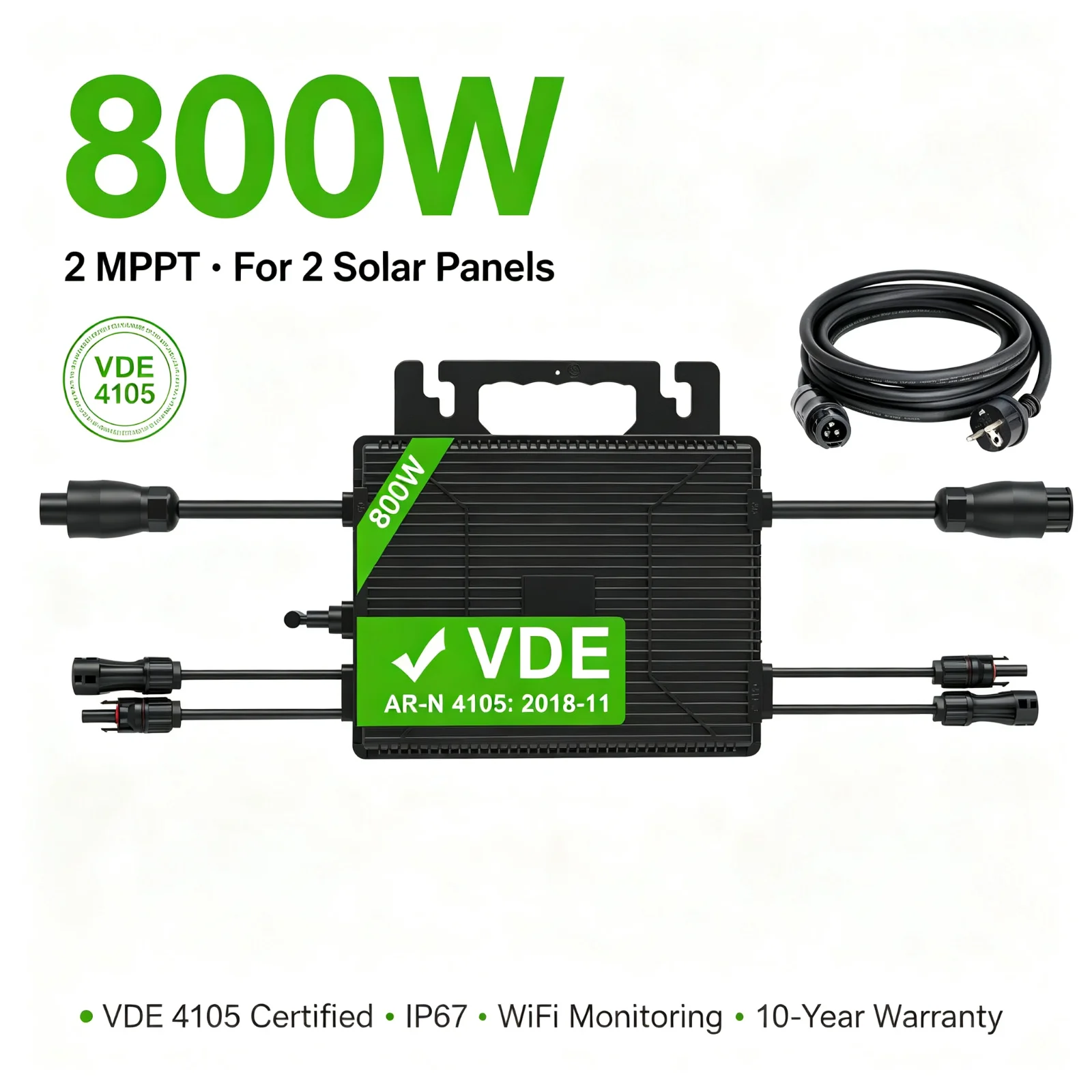LIONSHEE LS-800 M 800W Solar-Mikrowechselrichter 2 MPPT On-Grid 230V 50Hz WiFi Smart Monitoring IP67 Wasserdicht VDE-AR-N-4105 für Balkon-Photovoltaikanlagen Plug & Play