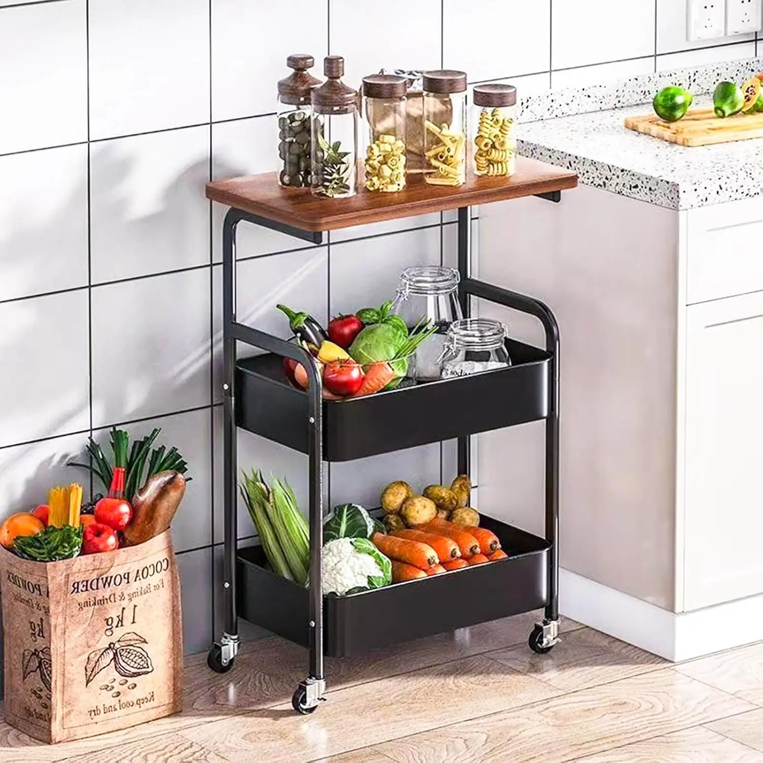 Rolling Kitchen Cart with Wooden Tabletop, 3 Tier Mobile Storage Trolley with Locking Casters, Multi-use Movable Prep Side Table, Metal Organizer Cart for Kitchen Vegetables, Seasonings and Cookware S image 4