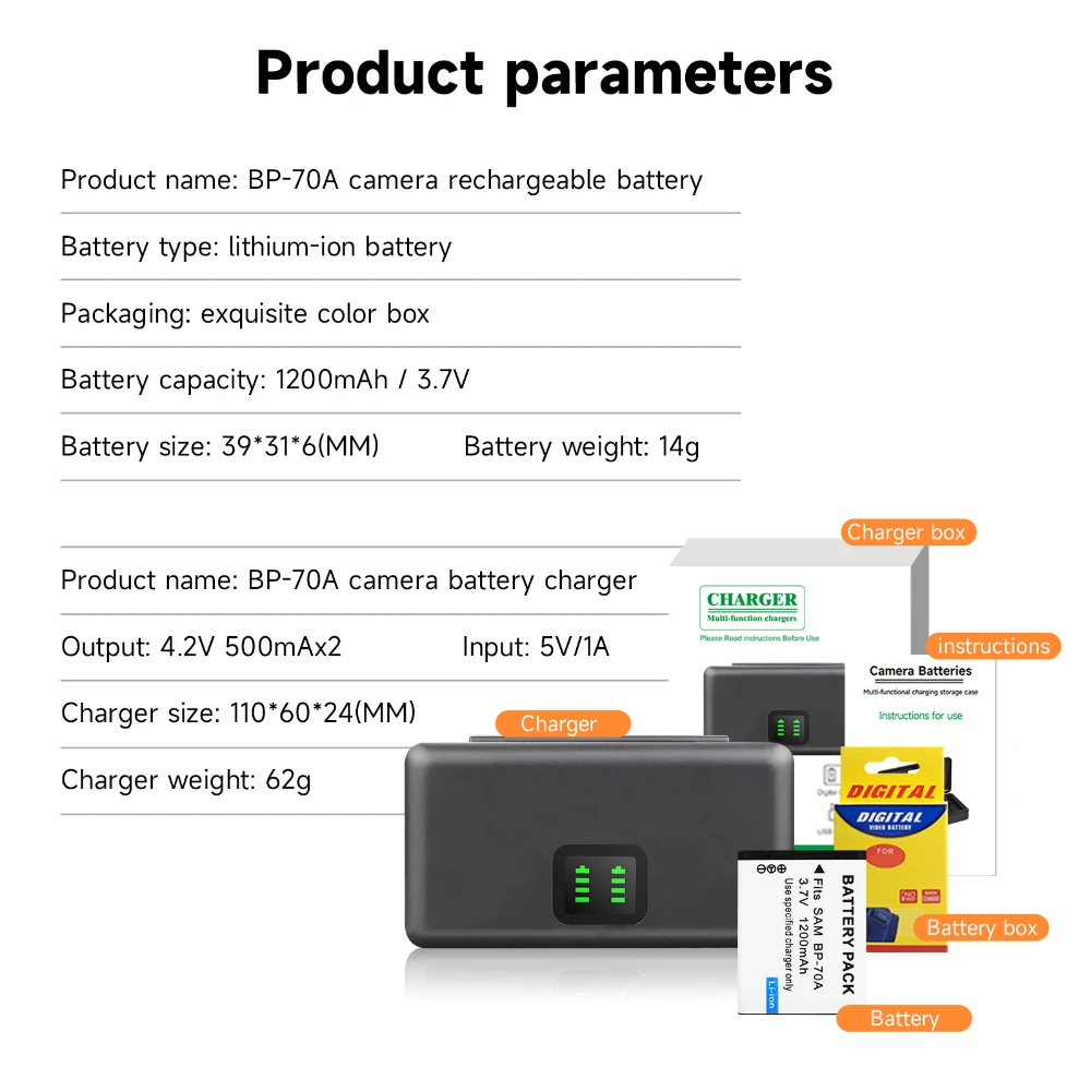 Bateria para Samsung, BP-70A, EA-BP70A, IA-BP70A, BP70A, IABP70A, ST95, ST100, ST6500, SL50, SL600, TL205, WB30F, WB35F, DV150F, ES65, ES67, MV800