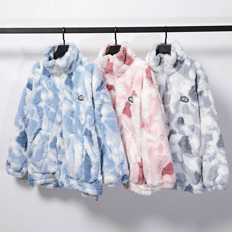 New Women\'s Tie Dye Lamb Fleece Jacket Autumn Winter Zipper Outerwear Warm Plush Jackets Harajuku Casual Loose Female Thick Coat