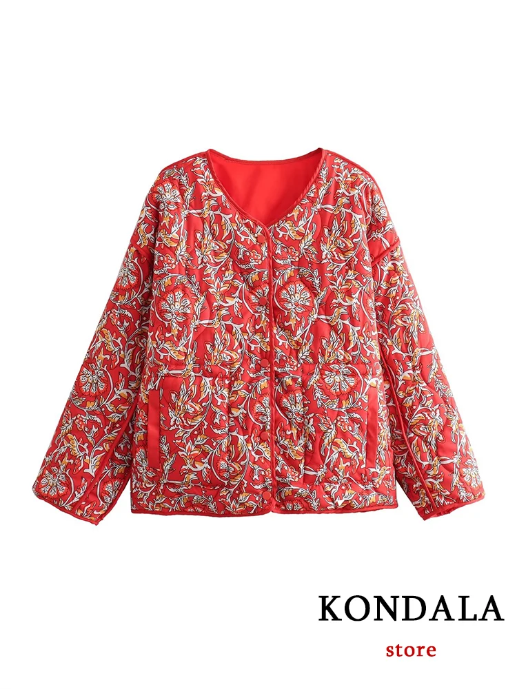 KONDALA Vintage Red Print Vintage donna cotone Outwear moda 2023 autunno scollo a V manica lunga Streetwear Chic giacca Casual