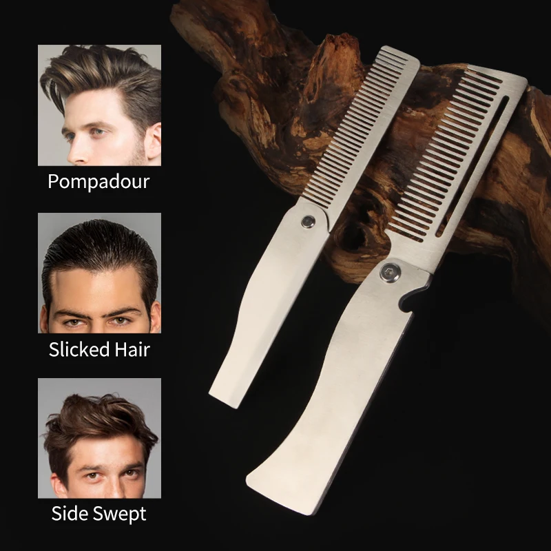 Men Retro Oil Head Comb Portable Folding Stainless Steel 201 Comb Hairdressing Styling Round Teeth Comb Texture Modeling Steel C image 4