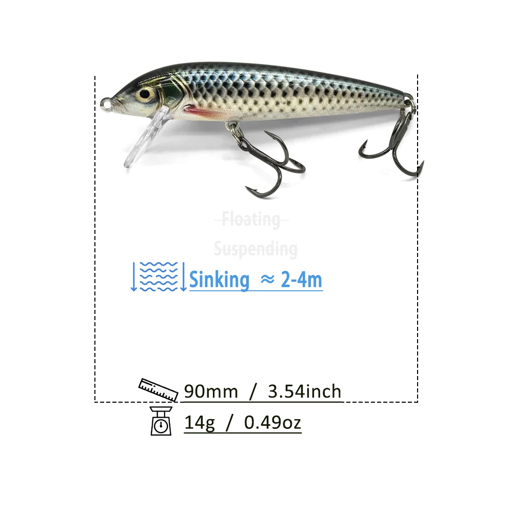 طعم أسماك البلمة 90 ملم 14 جرام طعم صلب للغرق للمياه المالحة والمياه العذبة لبايك، باس سمك السلمون المرقط