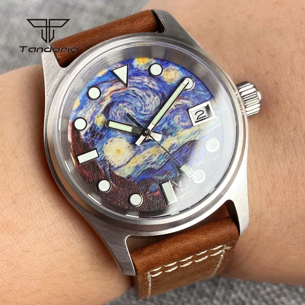 

Tandorio Pilot Style NH35 Starry Sky Dial Automatic Dive 36mm Men's Watch 20atm Date Full Luminous Mechanical Wristwatch Leather