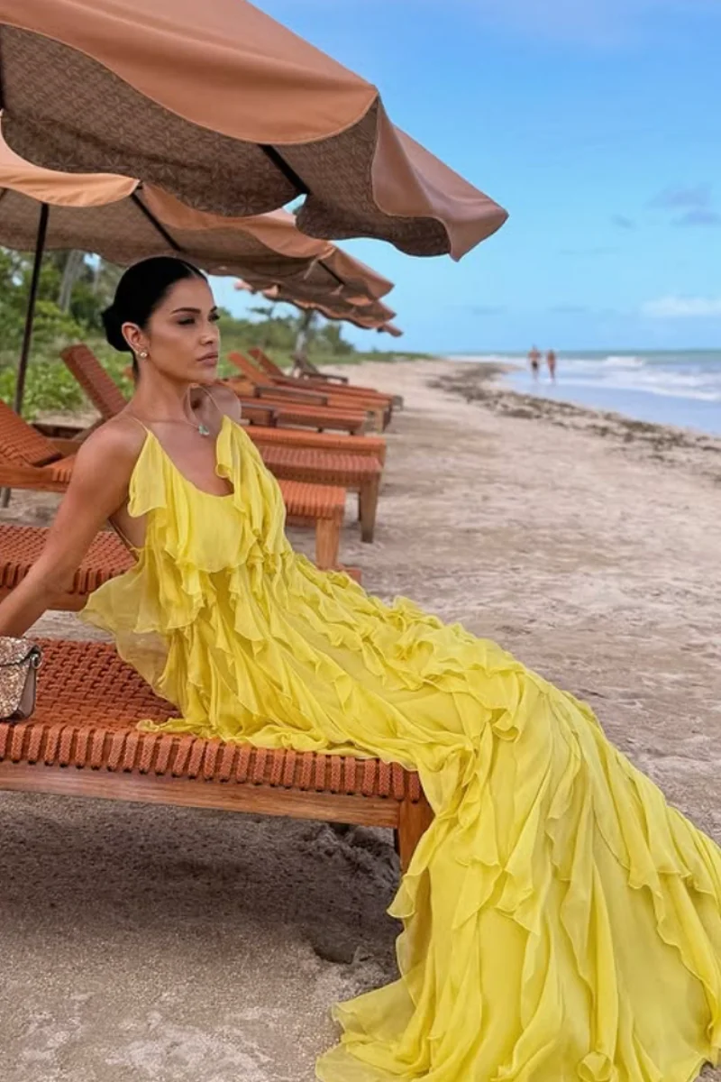 Jessica Spaghetti Straps With Open Back Evening Dresses Yellow Chiffon Ruffles Prom Dresses Wedding Party Dresses Customized