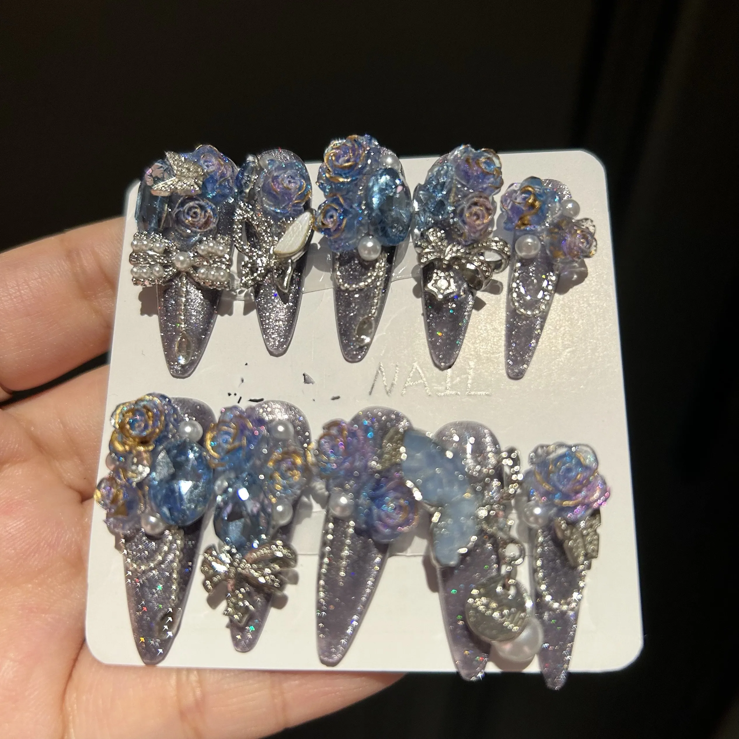 High quality Hand made manicure DIY Customg luxury big rhinestone shining  3D flowers blue artificial fingernails press on nails