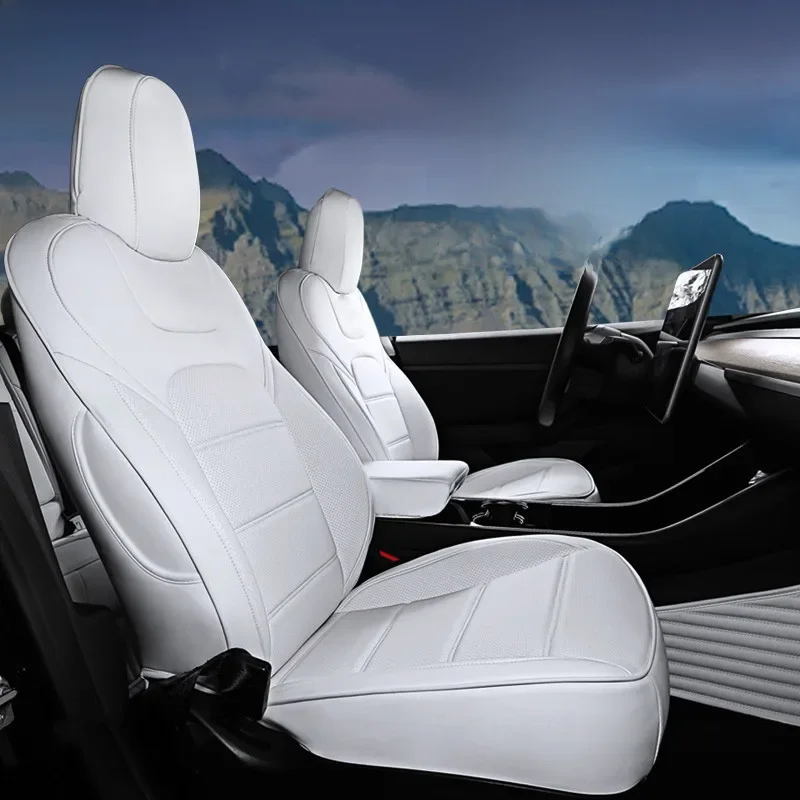 Autostoelhoezen voor Tesla Model 3 Y Nappa Leder Volledige Omhulling Stijl Fabrieksgroothandelsprijs Witte Kussen Interieur Accessoires - afbeelding 2