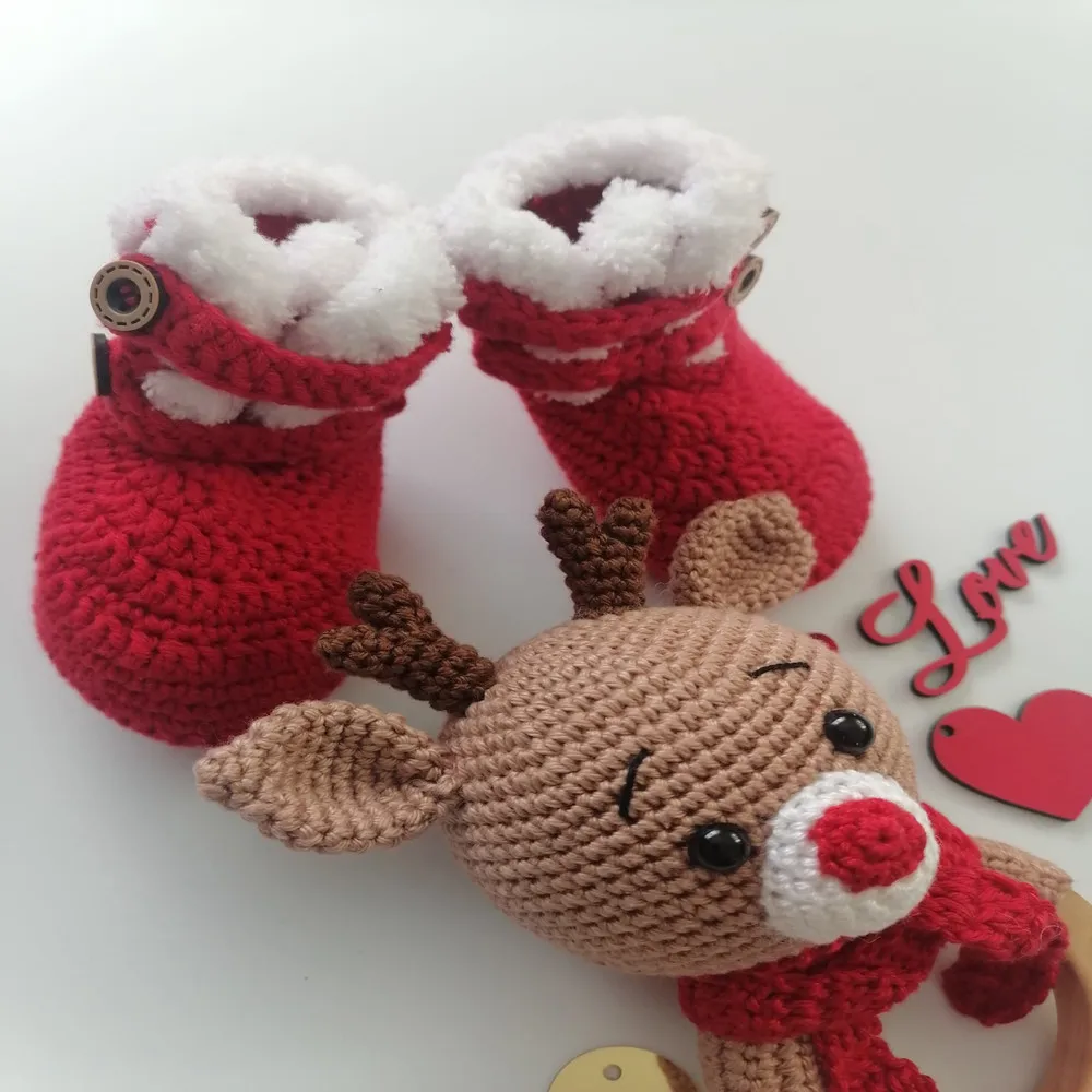 Gift For Christmas Newborn Double Set Deer Figure Handmade Baby Knitted Crochet Shoes Rattle Healthy