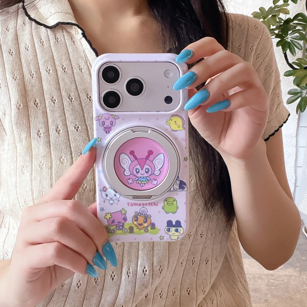 

New Cute Cartoon Tamagotchi Printed Kawaii Phone Case for iPhone 17 Pro 16 Max 15 16 17 Pro Max 15 Pro with Magnetic Stand Pink