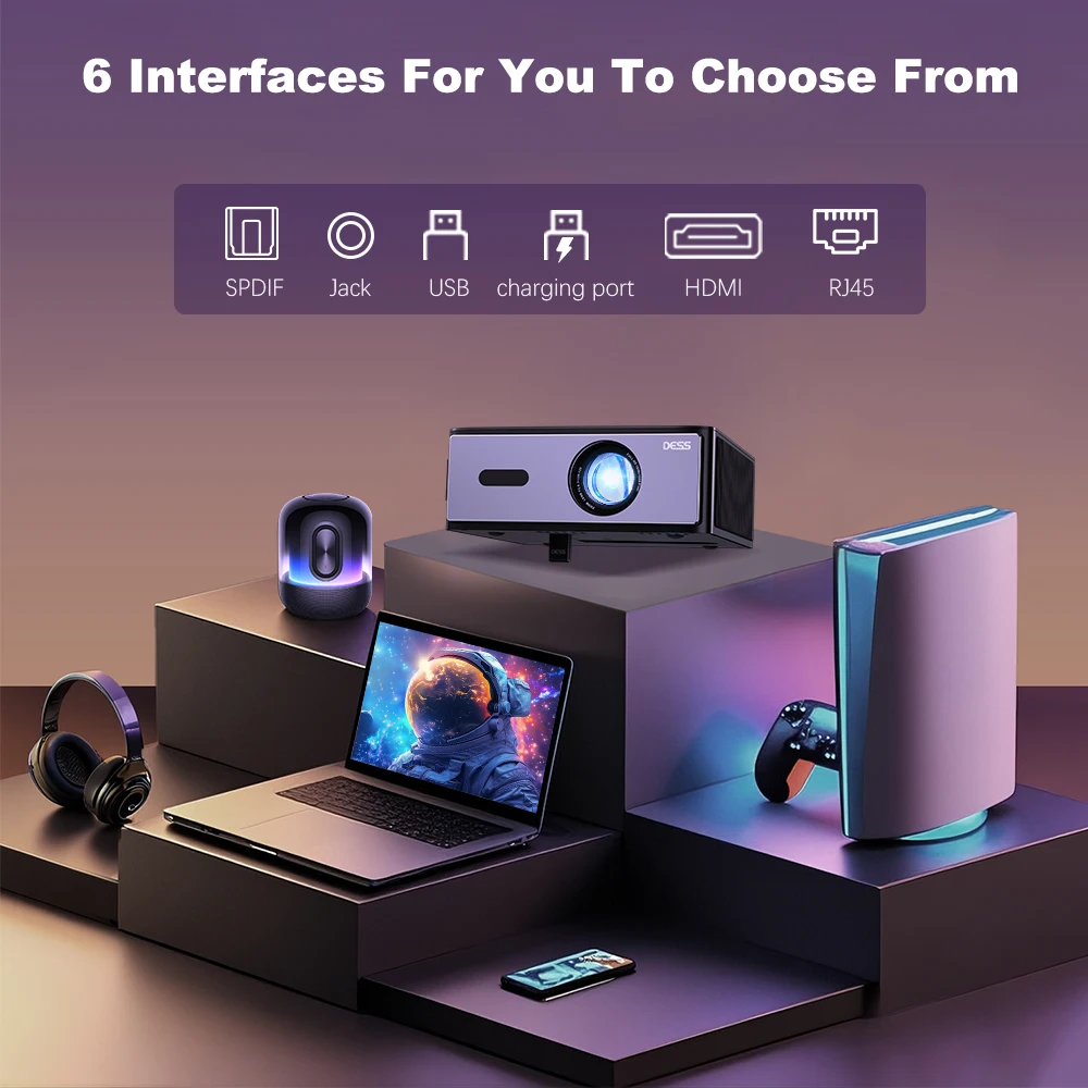 DESS Projector 4k Home Theater Video Dual WiFi Bluetooth Full HD Native 1080P Auto Focus Electric Stand Outdoor Led Projector