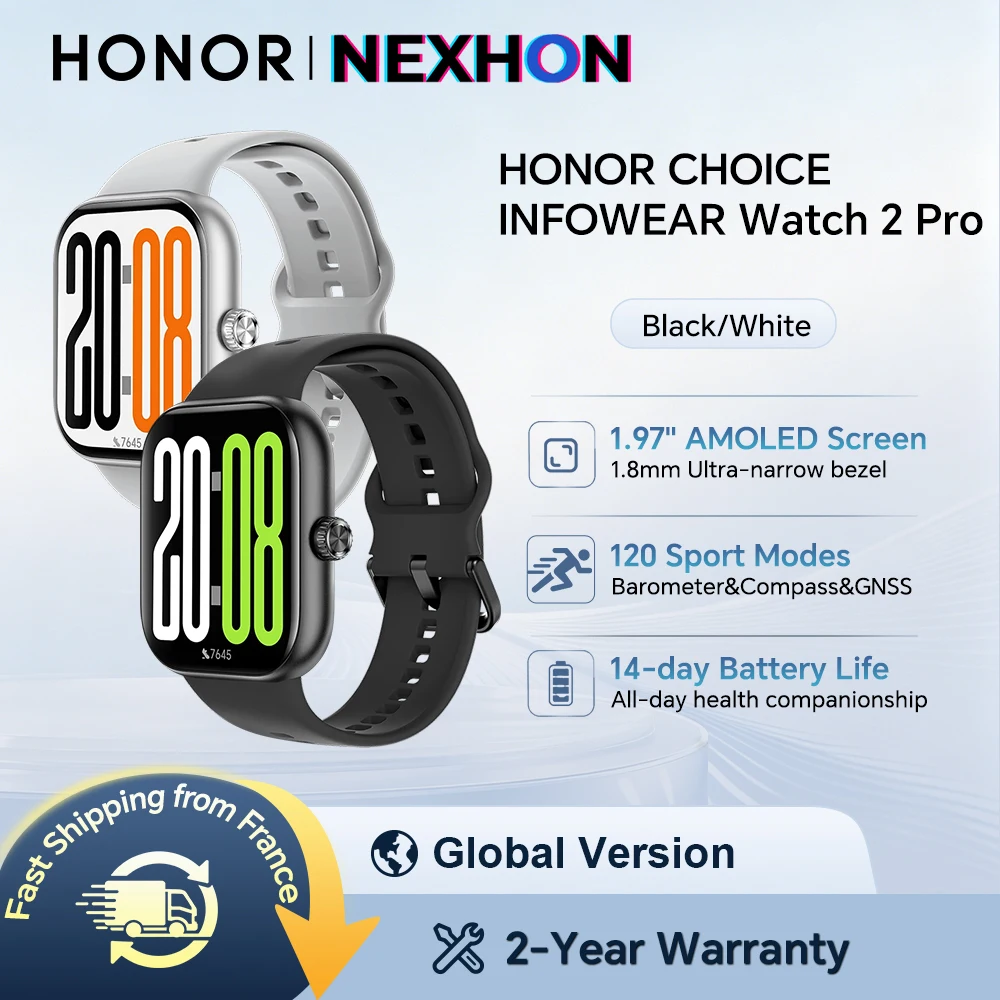 Montre connectée HONOR CHOICE Watch 2 Pro, version globale, écran AMOLED à cadre fin de 1,97 pouce, prise en charge du baromètre et de la boussole, positionneme