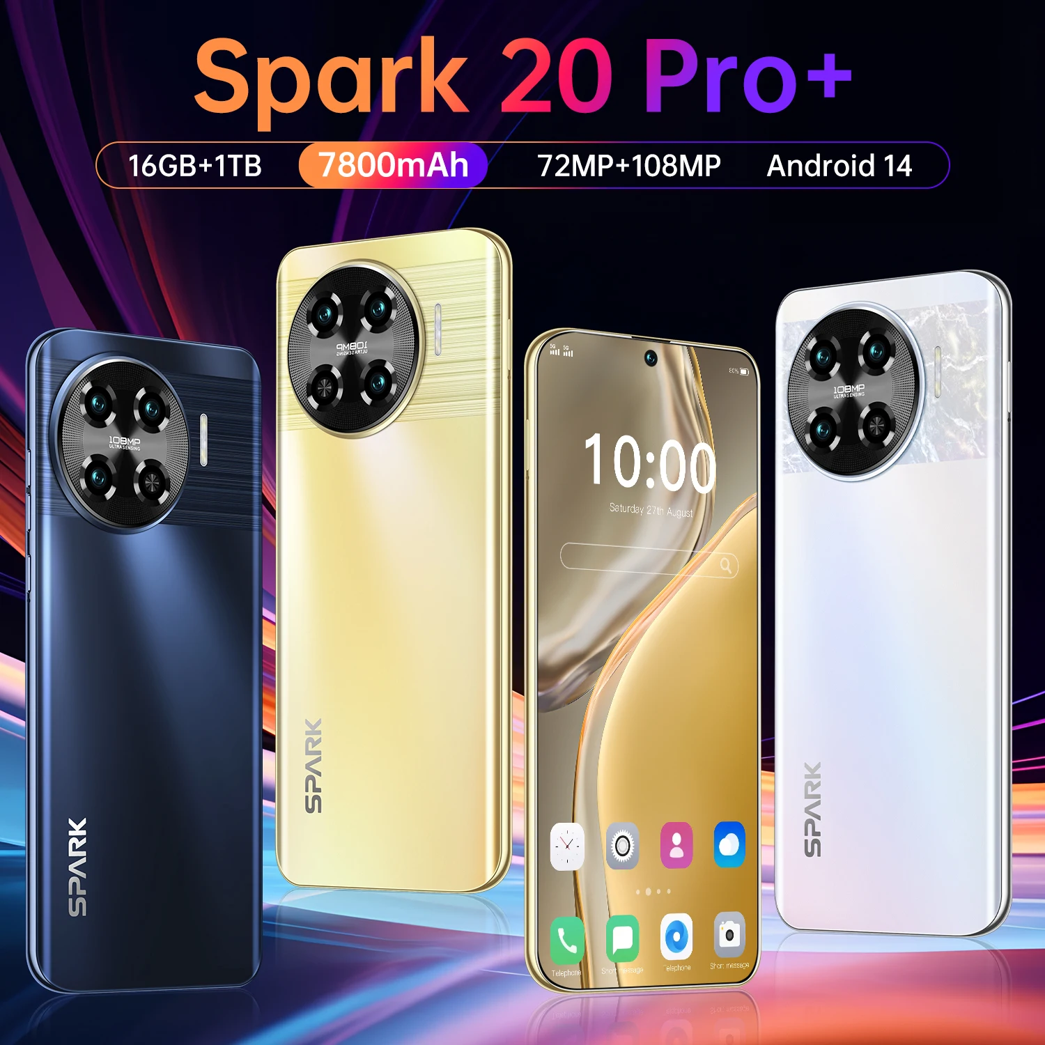 2024 NEW Spark 20 pro+ Smartphone 7.6 inch 16G+1T 72MP+108MP Android Mobile Phones Unlocked Celular 7800mAh 5G Network cellphone