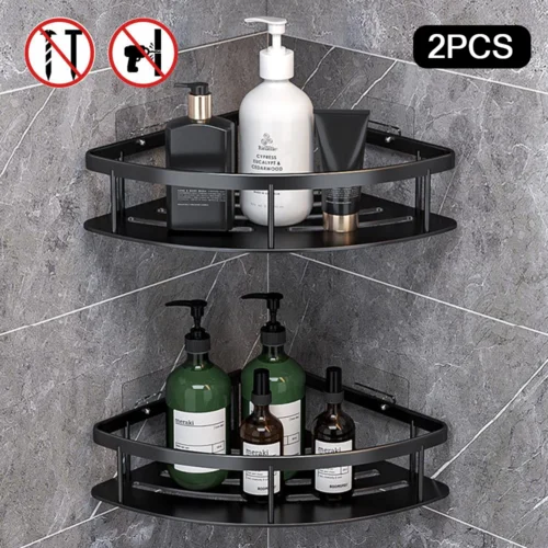 2pcs Black Bathroom Storage Rack, Shower Rack, Shower Basket, Non Drilled Bathroom Rack, Aluminum Shower Rack, Sorner Rack