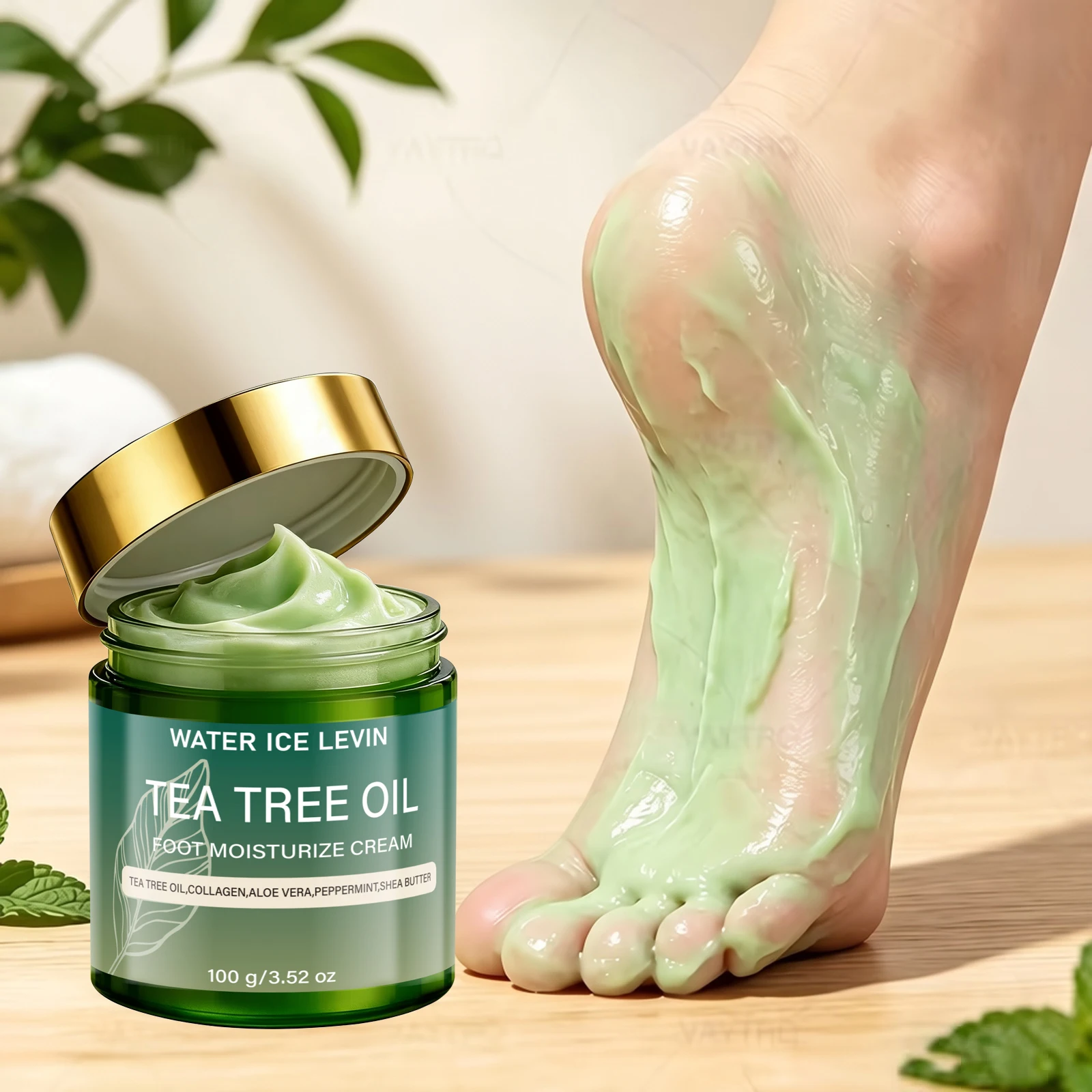 WATER ICE LEVIN Tea Tree Oil Foot Cream 100g Collagen Aloe Vera Peppermint Shea Butter Nourishing Soothing Daily Foot Care