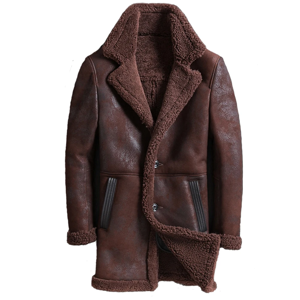 Denny&Dora Mens Sheepskin Shearling  Leather Jacket B7 Leather Jacket Long Style Fur Coat Casual