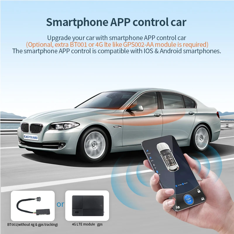 EASYGUARD Smartphone-App, Autoalarm für Schlüsselstart, 12 V, Autos, ferngesteuerter Motorstart, passiver schlüsselloser Zugang mit NFC-Karte