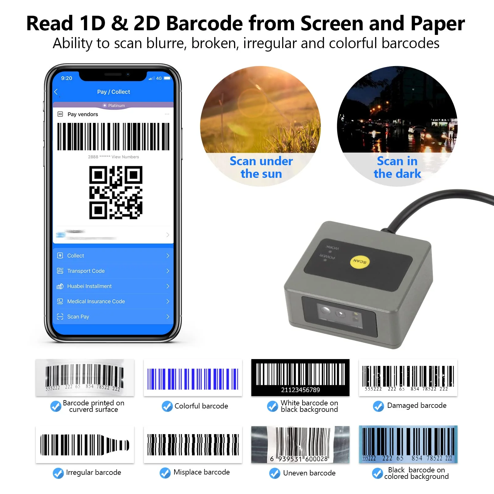 Barcode Scanner Module, Embedded Mini Auto-scan Barcode Reader Support Screen Scanner for 1D 2D QR Code, Fixed Mount to Self-Ser