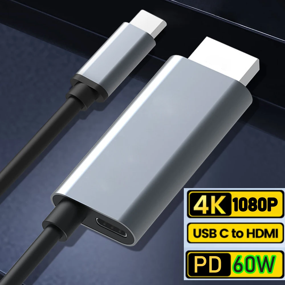 USB-C-auf-HDMI-Kabel 4K Typ C USB-auf-HDMI-4K-Adapter-Konverterkabel mit Power-PD-Aufladung für Apple MacBook Pro Dell Lenovo