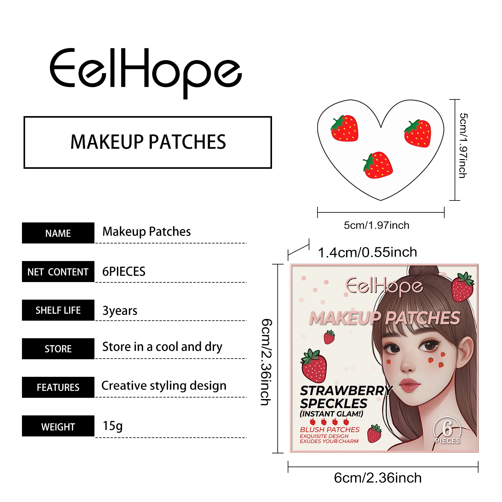 แผ่นแปะแต่งหน้ารูปสตรอว์เบอร์รี Eelhope 6 ชิ้น สำหรับตกแต่งใบหน้า แต่งตา งานปาร์ตี้ ลายสตรอว์เบอร์รี ติดชั่วคราว